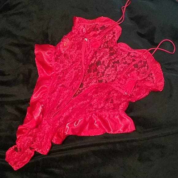 Victoria’s Secret Red 90's Gold Label Vintage Lace Teddy Satin Ruffle Bodysuit - Picture 10 of 16